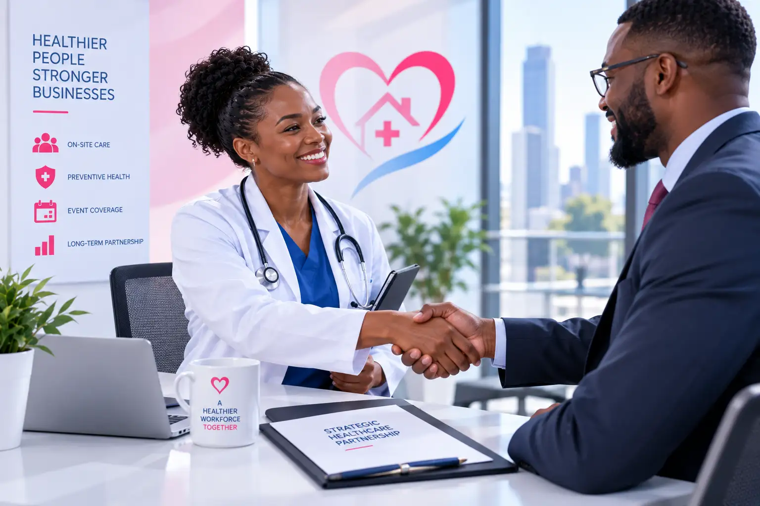 A nurse and a business representative agreeing a workplace healthcare partnership