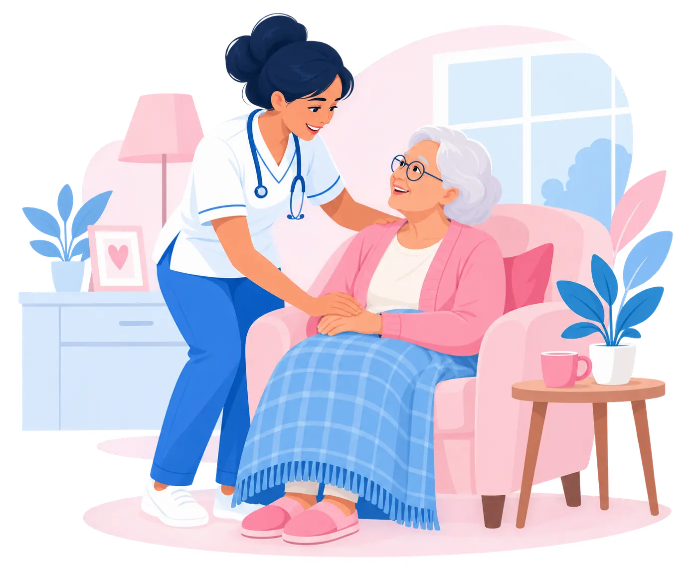 A nurse caring for an older woman in her home