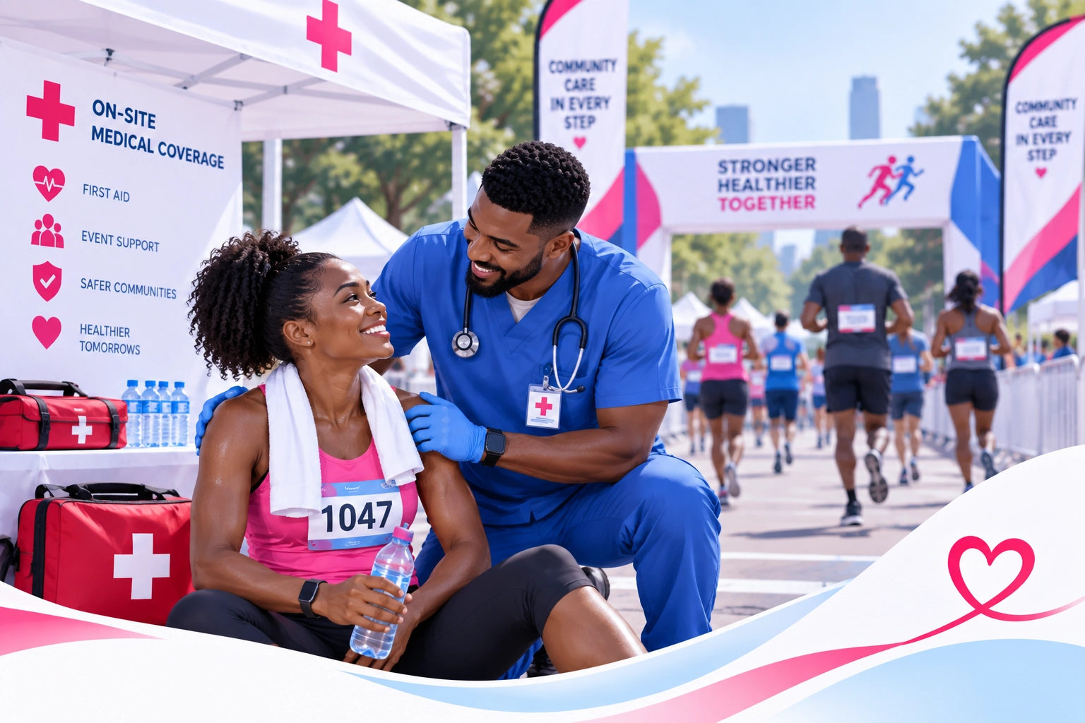 A nurse providing medical support to a participant at a community race