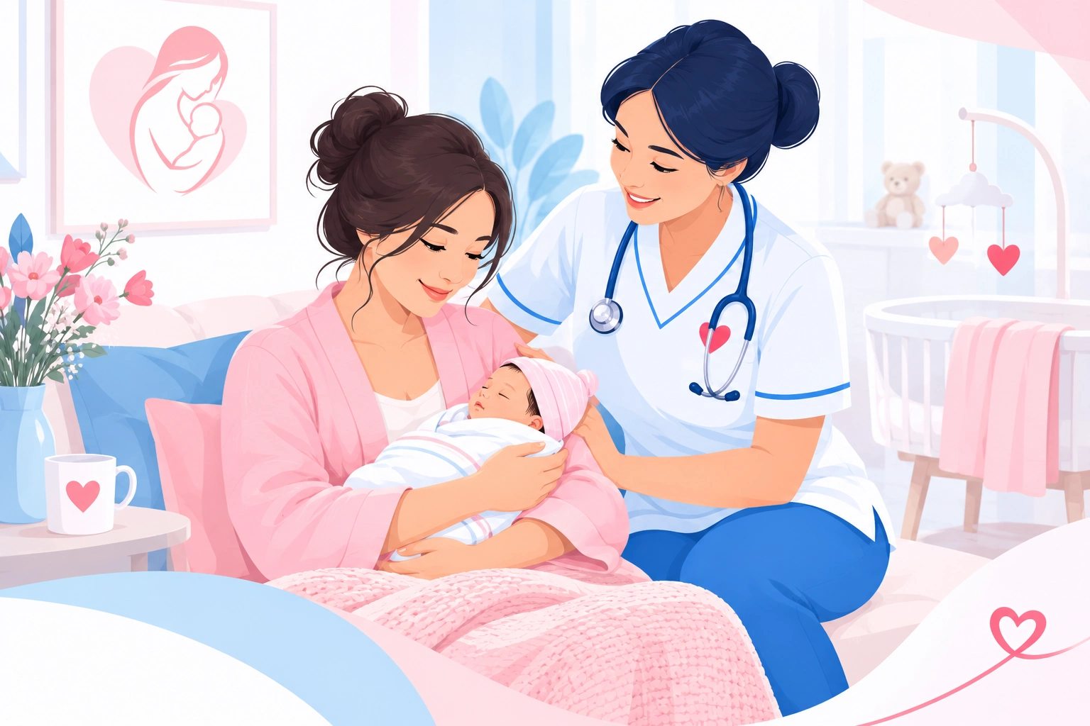 A nurse supporting a mother and her newborn baby
